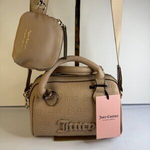 Juicy Couture Semi Charmed Satchel Cafe Beige Embossed Crossbody Coin Pouch NWT